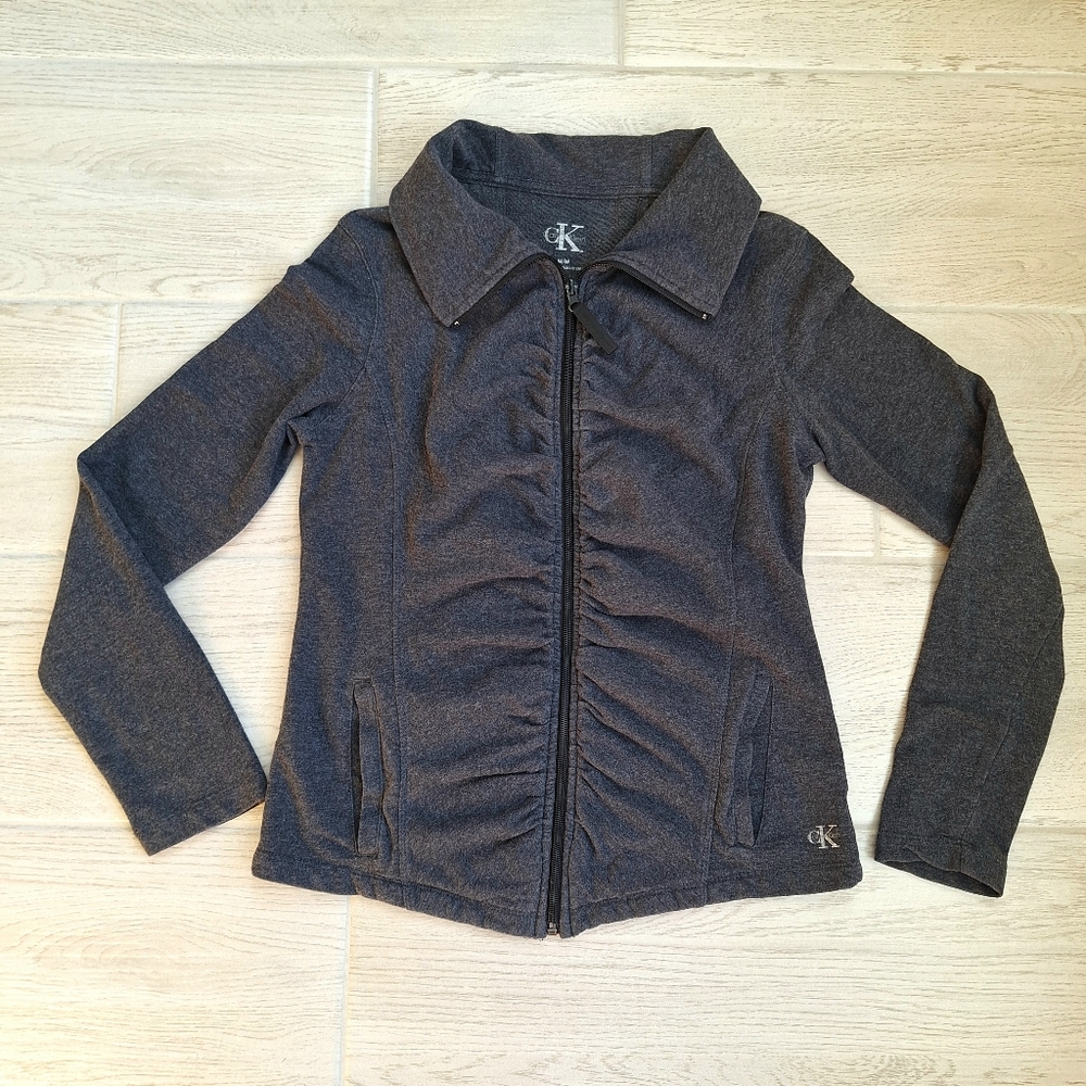 Calvin Klein Ruched Activewear Jacket Women's Full Zip Dark Gray Pockets Medium